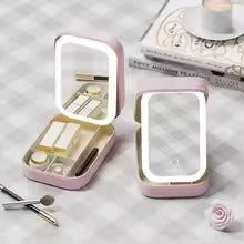 3-Color LED Makeup Mirror with Jewellery Box – Portable Multi-Function Beauty Organizer