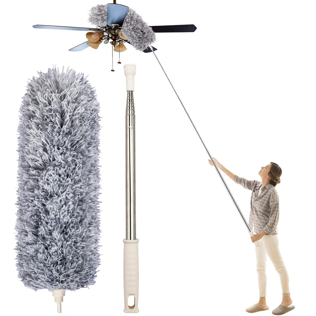 Microfiber Fan Duster with Telescopic Extendable Pole – 360 Flexible Cleaning Brush