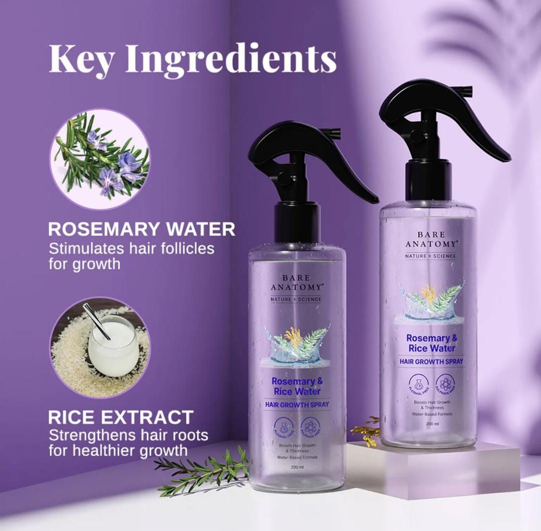 Rosemary & Rice Water Hair Growth Spray by Bare Anatomy – 200ml Anti-Hairfall Leave-In