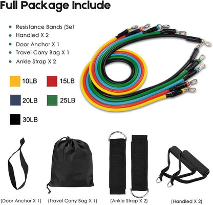 11-Piece Workout Resistance Bands Kit – Home & Gym Fitness Tubes with Ankle Straps & Door Anchor