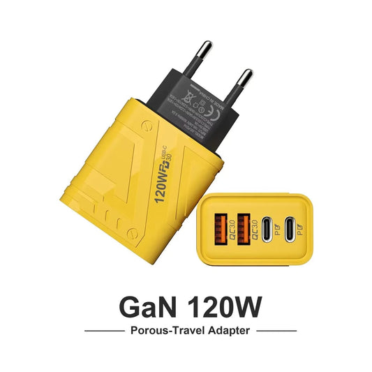 120W Ultra-Fast GaN Power Adapter – Dual Type-C & Dual USB QC 3.0 Charger