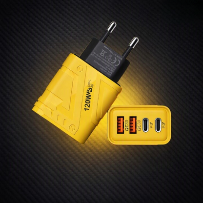 120W Ultra-Fast GaN Power Adapter – Dual Type-C & Dual USB QC 3.0 Charger